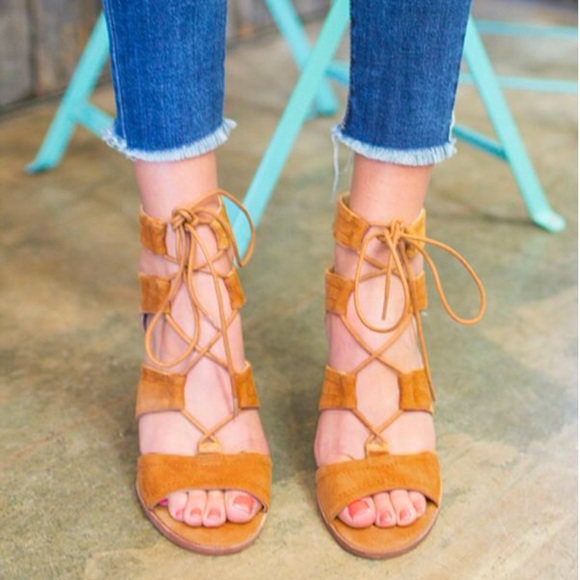 Cognac Kid Suede Lace Up Gladiator Wedge Sandal - Picture 7 of 8